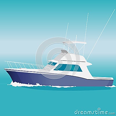Nice blue motor boat on sea. Vector Illustration